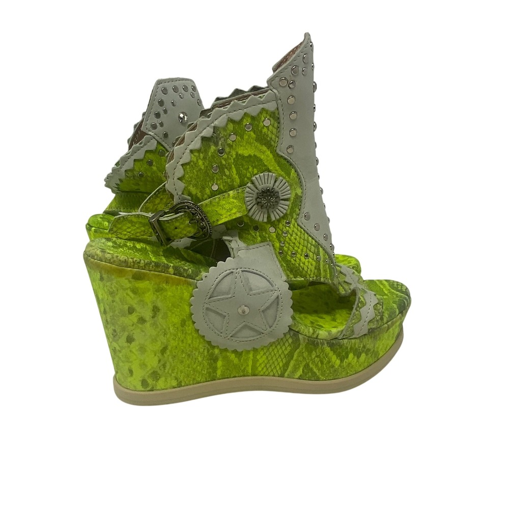 El Vaquero Valerio Giuntoli Lime Green Snakeskin Studded Wedge Sandals Italy 37
